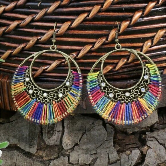 Rainbow threaded Earrings iridescent Stones Bohemian hoop String earrings - Picture 2 of 6
